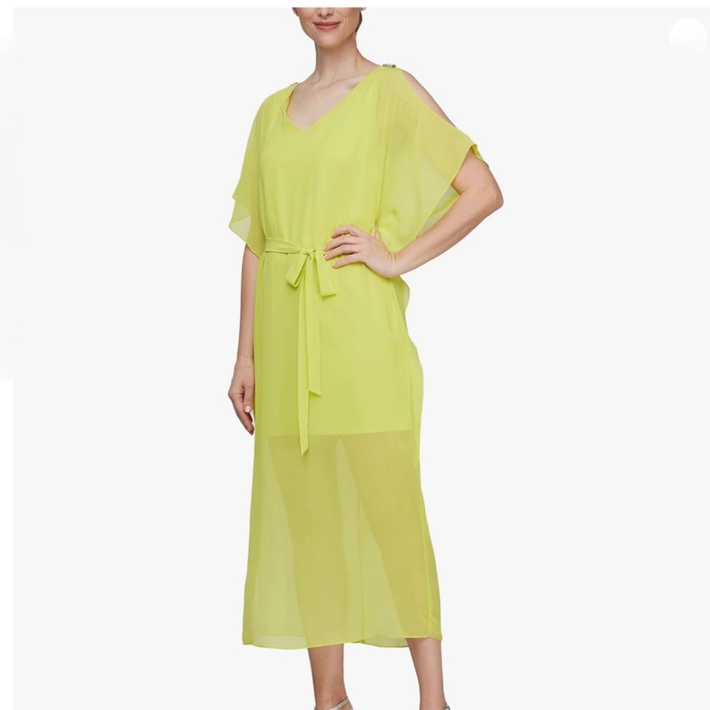 SLNY Cold Shoulder Chiffon High/Low Dress Crystal Epilet on Shoulder w/Tie Waist